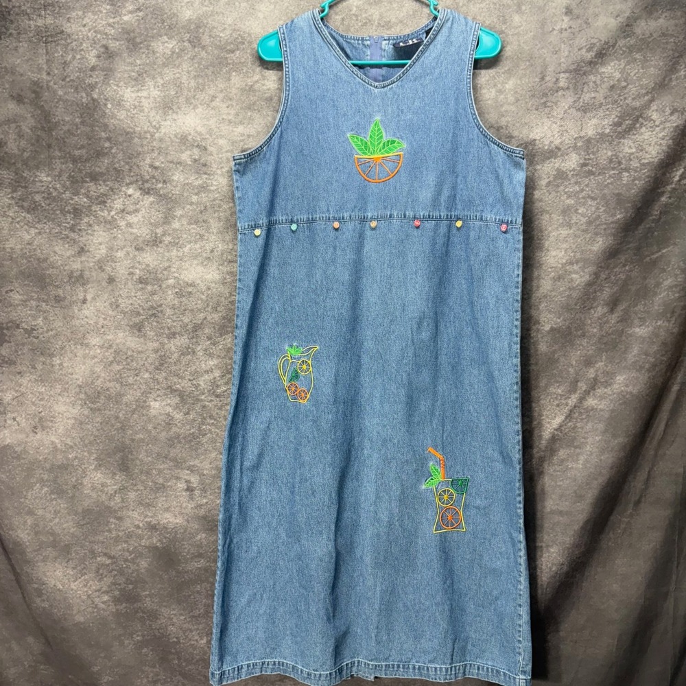 Y2K CB Casual Denim Midi Dress Size PL Orange Lemonade Citrus Embroidered Modest